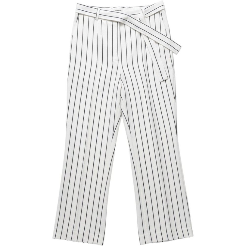Tommy Hilfiger Womens White Pinstripe Wide Leg Linen Blend Belted Pants 8 NEW